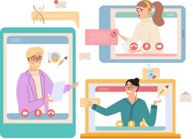 Sanal toplantı, online takım çalışması. Video konferansına katılan bir grup meslektaşla bilgisayar