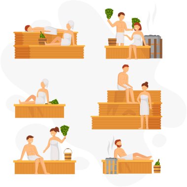 Sauna ve buhar odası. Saunada bir grup insan. İnsanlar banya 'da huş süpürgeleriyle rahatlar ve buharlaşır.