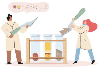 Toprak analizi ve toprak kirliliği veya yapı kontrolü. Yer seviyesini ölçen bilim adamı durum metaforu