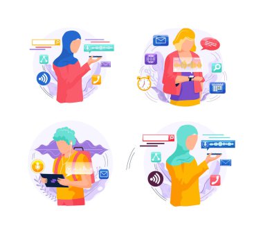 Ses asistanı. Akıllı konuşmacı sanal asistanı, ses robotu, ses kontrollü akıllı konuşmacı kullanan insanlar.