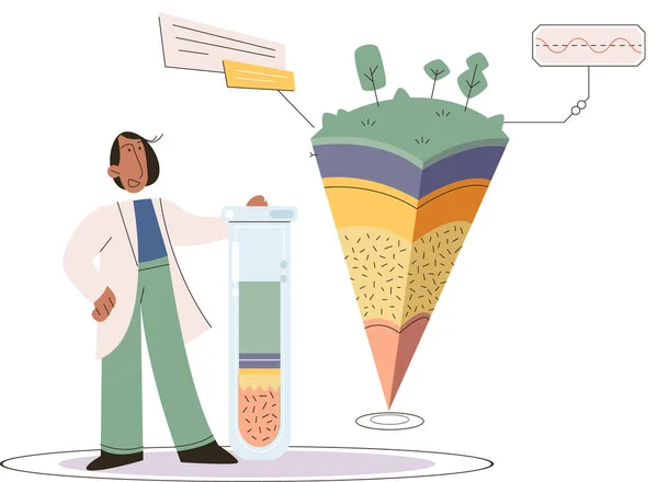 Soil analysis and earth pollution or structure control. Scientist measuring ground levels status metaphor — Stock Vector