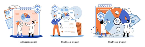 Egészségügyi program, online orvosi szolgáltatások, védelmi orvostudomány, egészségbiztosítás, telemedicina metafora — Stock Vector