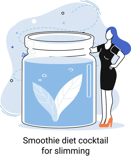 Küçük insan konseptini zayıflatmak için sağlıklı bir diyet kokteyli olarak yeşil smoothie. Vegan detoks gıda metaforu — Stok Vektör