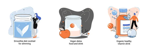 Organik vitamin içeceği zayıf insanları zayıflatmak için sağlıklı bir diyet kokteyli. Vegan detoks yiyecek ve içki metaforu. — Stok Vektör