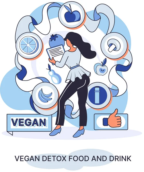 Fitness yaşam tarzı ve beslenme metaforu. Sağlıklı detoks vegan yiyecek ve içecek, zayıflamak için vejetaryen diyeti — Stok Vektör
