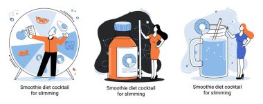 Küçük insan konseptini zayıflatmak için sağlıklı bir diyet kokteyli olarak yeşil smoothie. Vegan detoks gıda metaforu