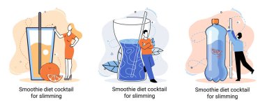 Küçük insan konseptini zayıflatmak için sağlıklı bir diyet kokteyli olarak yeşil smoothie. Vegan detoks gıda metaforu