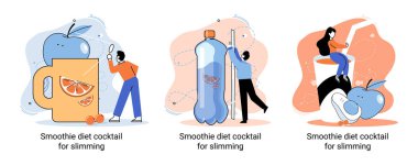 Küçük insan konseptini zayıflatmak için sağlıklı bir diyet kokteyli olarak yeşil smoothie. Vegan detoks gıda metaforu