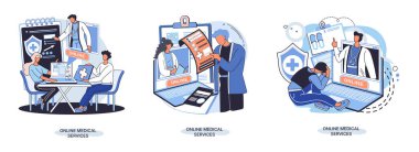 Çevrimiçi tıbbi hizmetler web sitesi ve mobil uygulamalar, profesyonel tıbbi danışma metaforu edinin