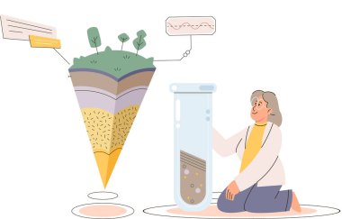 Toprak analizi ve toprak kirliliği veya yapı kontrolü. Yer seviyesini ölçen bilim adamı durum metaforu