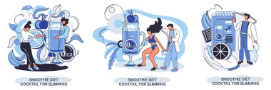 Smoothie minik insan konseptini zayıflatmak için sağlıklı bir diyet kokteyli gibi. Vejetaryen detoks yemeği ve metafor.