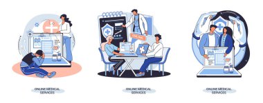 Çevrimiçi tıbbi hizmetler web sitesi ve mobil uygulamalar, profesyonel tıbbi danışma metaforu edinin
