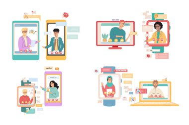 Sanal toplantı, online takım çalışması. Video konferansına katılan bir grup meslektaşla bilgisayar