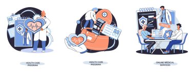 Çevrimiçi tıbbi hizmetler metaforu, danışma sitesi ve mobil uygulamalar, herhangi bir yerden doktorla konuşun