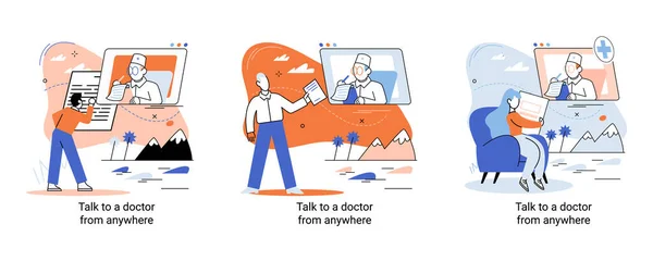 Metafora usług medycznych online, strona internetowa konsultacji i aplikacje mobilne, rozmawiać z lekarzem z dowolnego miejsca — Wektor stockowy