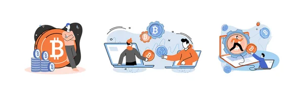 Cryptocurrency bitcoin mining metaphor, Blockchain technology. Cyber banking exchange procedures — Stock Vector