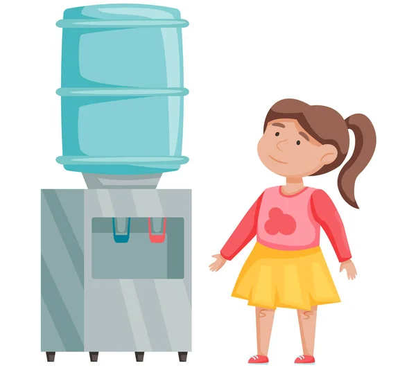 Cartoon small girl standing near water cooler and looks up. Child stands near container of water — Stock Vector