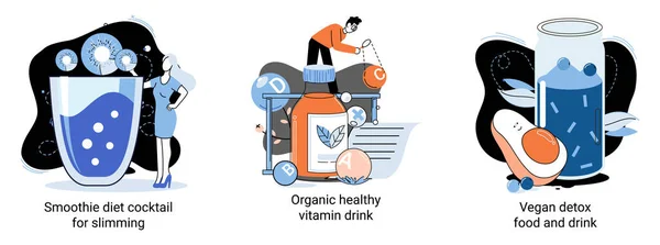 Organic vitamin drink as healthy diet cocktail for slimming tiny person. Vegan detox food and liquor metaphor — Stock Vector