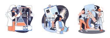 Tıbbi araştırma. Laboratuvar teşhis hizmetleri, tıbbi cihaz tasarımı ve geliştirme sahneleri metafor oluşturdu