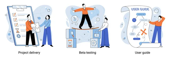 고객을 위한 맞춤 형 소프트웨어 계획. 프로젝트 전달, 베타 테스트, 웹 메타포 사용자 가이드 — 스톡 벡터