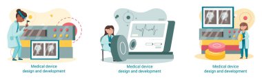 Bilim adamlarıyla tıbbi cihaz tasarımı ve geliştirme afişi ekipman ve deney metaforu geliştirir