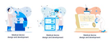 Bilim adamlarıyla tıbbi cihaz tasarımı ve geliştirme afişi ekipman ve deney metaforu geliştirir