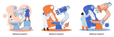 Tıbbi araştırma metaforu. Laboratuvar teşhis hizmetleri. Bilim adamları ekipman ve mikroskopla çalışıyorlar