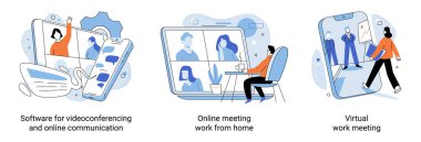 Software for videoconferencing and online communication, work from home, virtual work meeting set