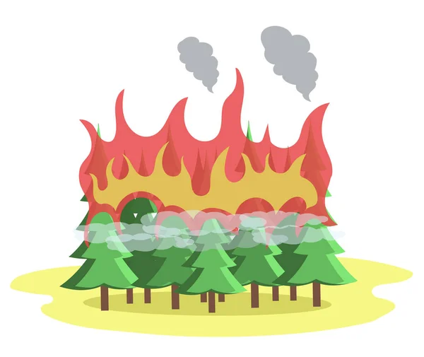 Forest fire change climate concept with burning coniferous. Ecological problem, fire destroys plants — Stock Vector