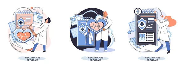 Программа здравоохранения, онлайновые медицинские услуги, защитная медицина, медицинское страхование, телемедицинская метафора — стоковый вектор