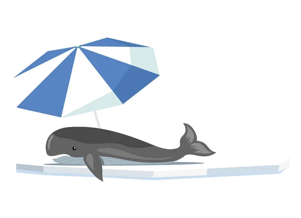 Whale lies on an ice floe under beach umbrella in an Antarctic cold landscape with iceberg and snow — Vector de stock