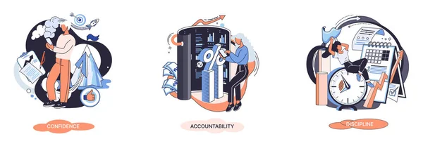 Conjunto de ilustrações vetoriais de conceito de qualidade pessoal. Confiança, responsabilidade e disciplina. Metáfora criativa — Vetor de Stock