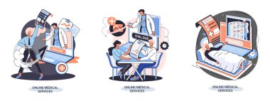 Çevrimiçi tıbbi hizmetler web sitesi ve mobil uygulamalar, profesyonel tıbbi danışma metaforu edinin