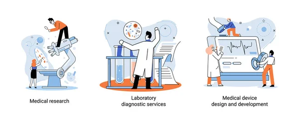 Pesquisa médica. Serviços de diagnóstico laboratorial, design de dispositivos médicos e cenas de desenvolvimento conjunto metáfora —  Vetores de Stock