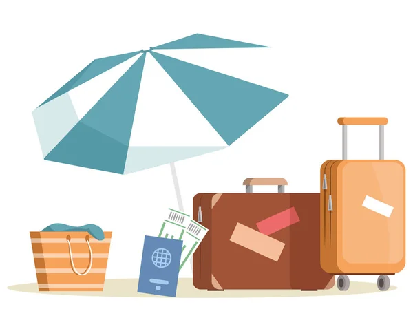 Чемодан и зонтик для путешествий, сумка с полотенцами и билетами на самолет, туристические и туристические атрибуты — стоковый вектор
