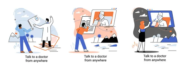 Онлайн медицинские услуги метафора, консультации веб-сайт и мобильные приложения, поговорить с врачом из любого места — стоковый вектор