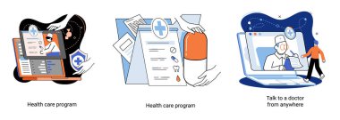 Gezici tıp. Çevrimiçi tıbbi hizmetler metaforu, sağlık hizmetleri programı, her yerden doktorla konuşun.