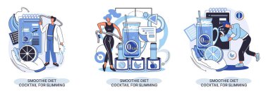 Smoothie minik insan konseptini zayıflatmak için sağlıklı bir diyet kokteyli gibi. Vejetaryen detoks yemeği ve metafor.