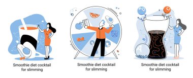 Küçük insan konseptini zayıflatmak için sağlıklı bir diyet kokteyli olarak yeşil smoothie. Vegan detoks gıda metaforu