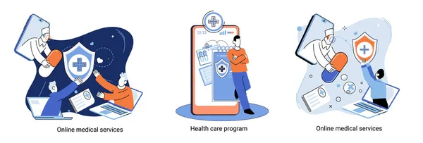 Site Web de services médicaux en ligne et applications mobiles, obtenir des consultations médicales professionnelles métaphore — Image vectorielle