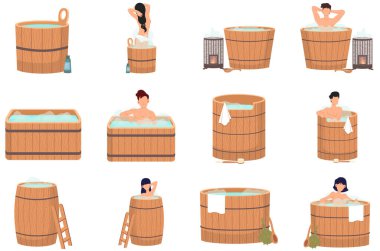 Set of illustrations people and wellness spa procedures in wooden water barrel, home sauna concept
