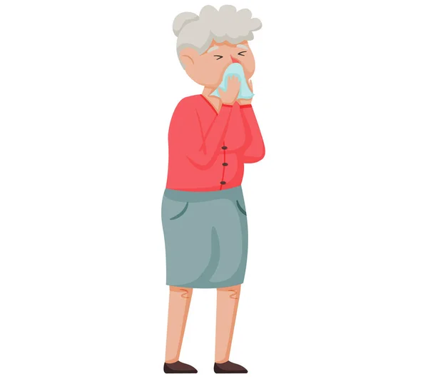 Elderly woman with runny nose. Sneezing female patient. Season allergy. Sick lady sneeze in hospital — Stockový vektor