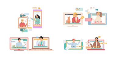 Sanal toplantı, online takım çalışması. Video konferansına katılan bir grup meslektaşla bilgisayar