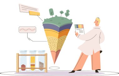 Toprak analizi ve toprak kirliliği veya yapı kontrolü. Yer seviyesini ölçen bilim adamı durum metaforu