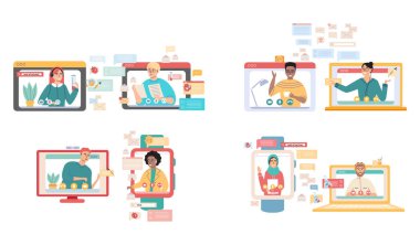 Sanal toplantı, online takım çalışması. Video konferansına katılan bir grup meslektaşla bilgisayar