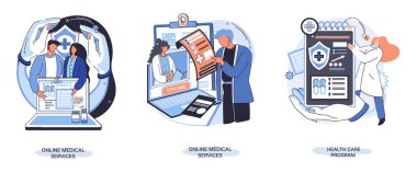 Çevrimiçi tıbbi hizmetler metaforu, danışma sitesi ve mobil uygulamalar, herhangi bir yerden doktorla konuşun