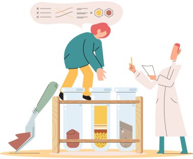 Bilimadamı toprağı inceliyor, toprak durumunun kimyasal analizi için toprak örnekleri alıyor.