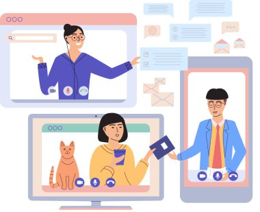 Sanal toplantı, online takım çalışması. Video konferansına katılan bir grup meslektaşla bilgisayar