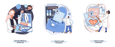Çevrimiçi tıbbi hizmetler metaforu, danışma sitesi ve mobil uygulamalar, herhangi bir yerden doktorla konuşun