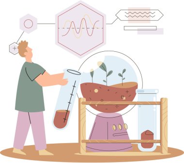 Toprak analizi ve toprak kirliliği veya yapı kontrolü. Yer seviyesini ölçen bilim adamı durum metaforu